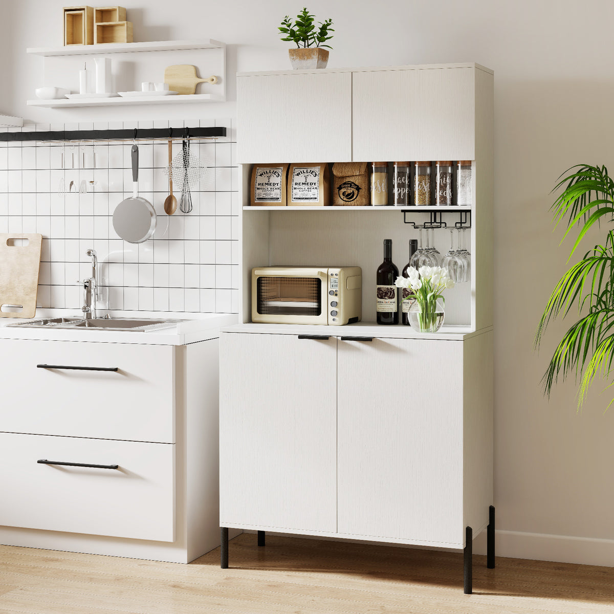 Kitchen Pantry Cabinet with Charging Station, 164 cm Tall Wine Bar Cabinet