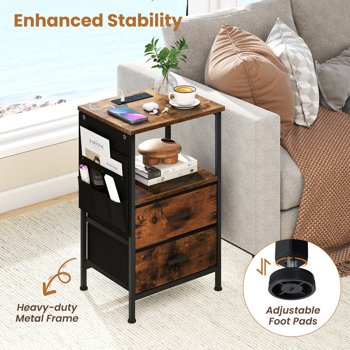 End Table Nightstand Set of 2 with Charging Station for Bedroom