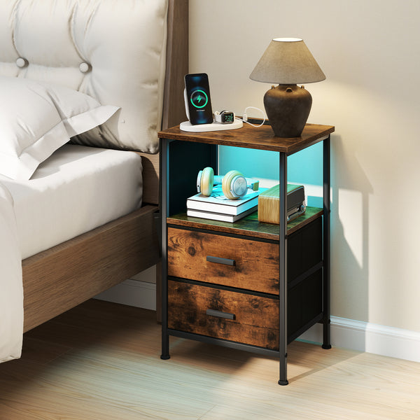 End Table Nightstand Set of 2 with Charging Station for Bedroom