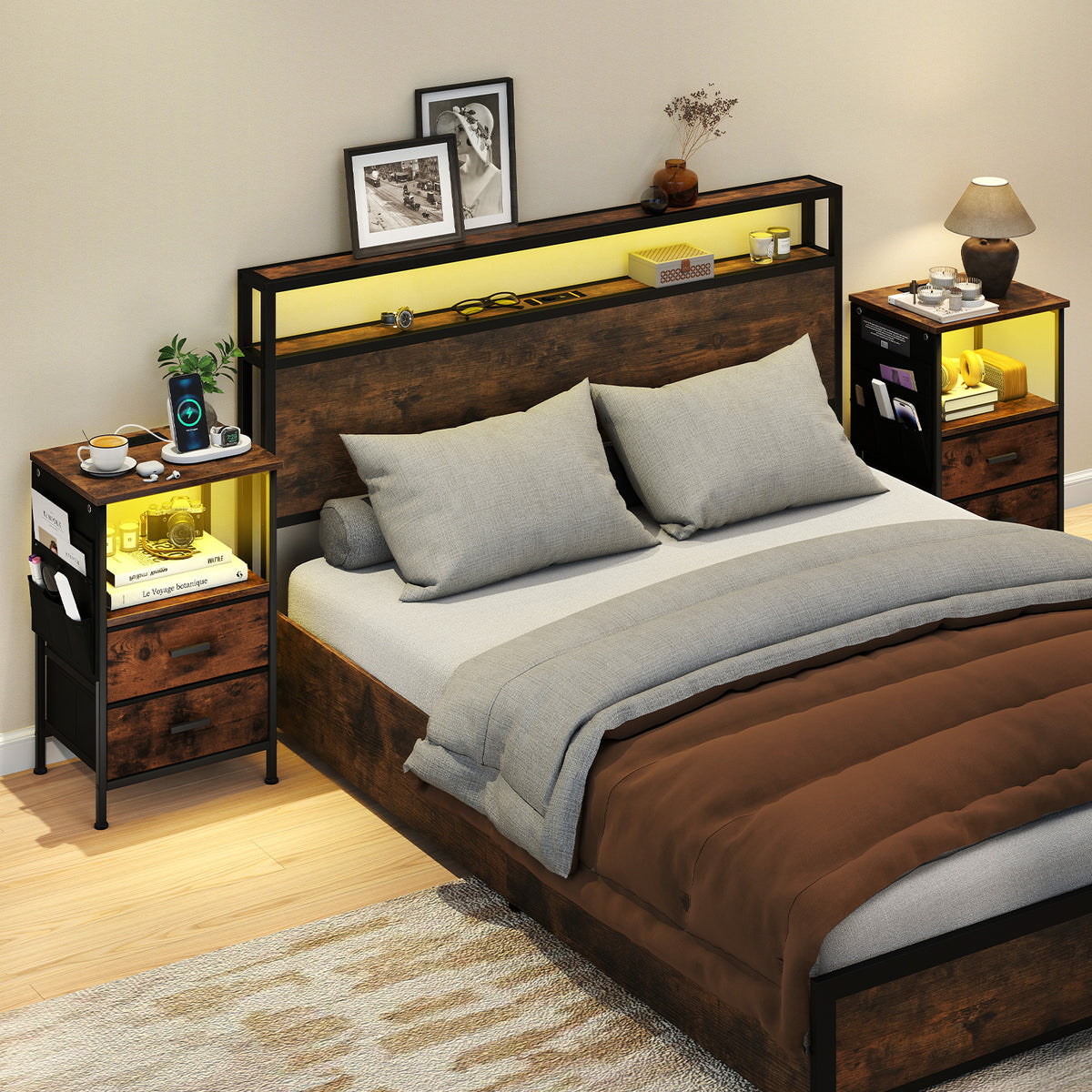 End Table Nightstand Set of 2 with Charging Station for Bedroom
