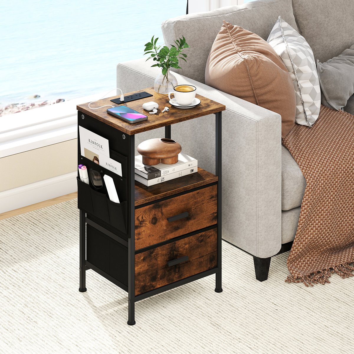 End Table Nightstand Set of 2 with Charging Station for Bedroom