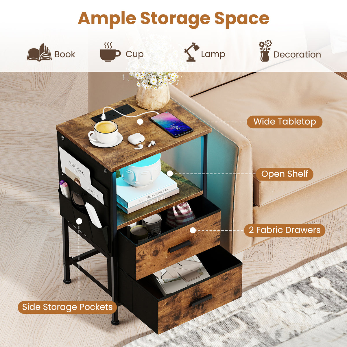 End Table Nightstand Set of 2 with Charging Station for Bedroom