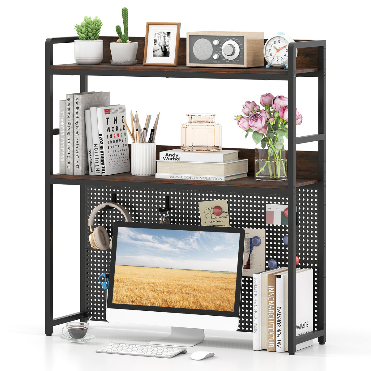 Desktop Bookshelf, Multipurpose 2-Tier Desk Hutch with Pegboard