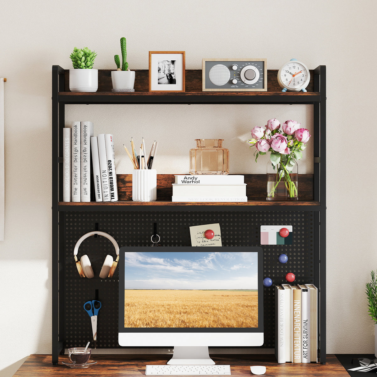 Desktop Bookshelf, Multipurpose 2-Tier Desk Hutch with Pegboard