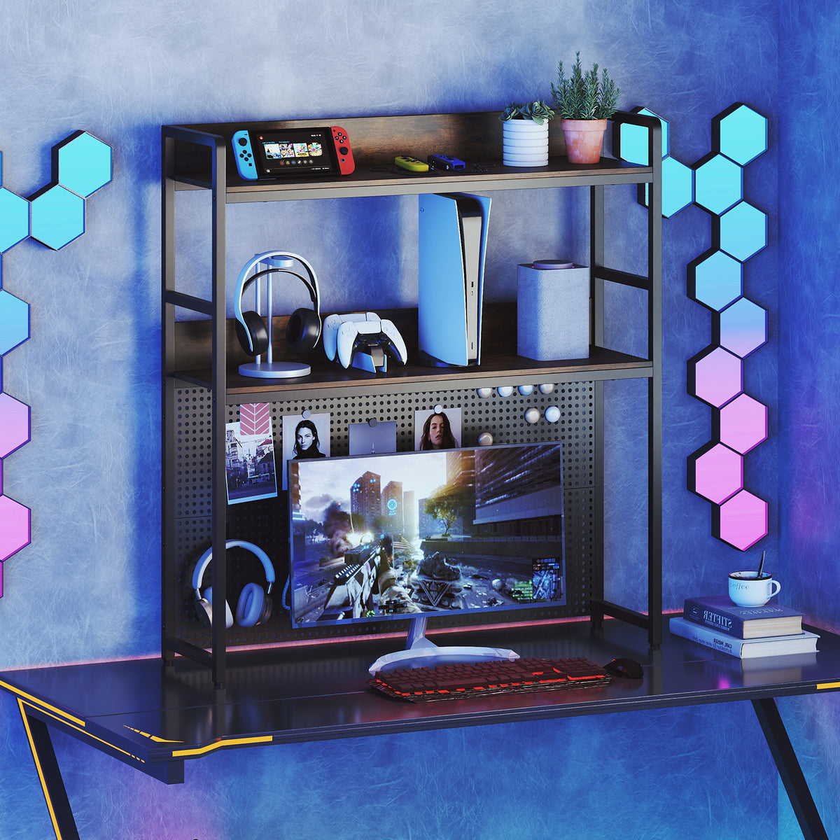 Desktop Bookshelf, Multipurpose 2-Tier Desk Hutch with Pegboard