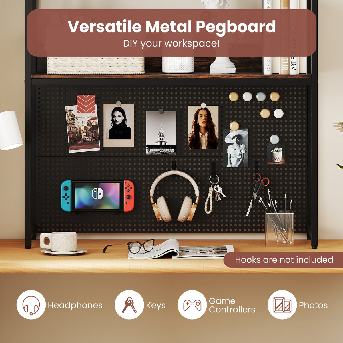 Desktop Bookshelf, Multipurpose 2-Tier Desk Hutch with Pegboard
