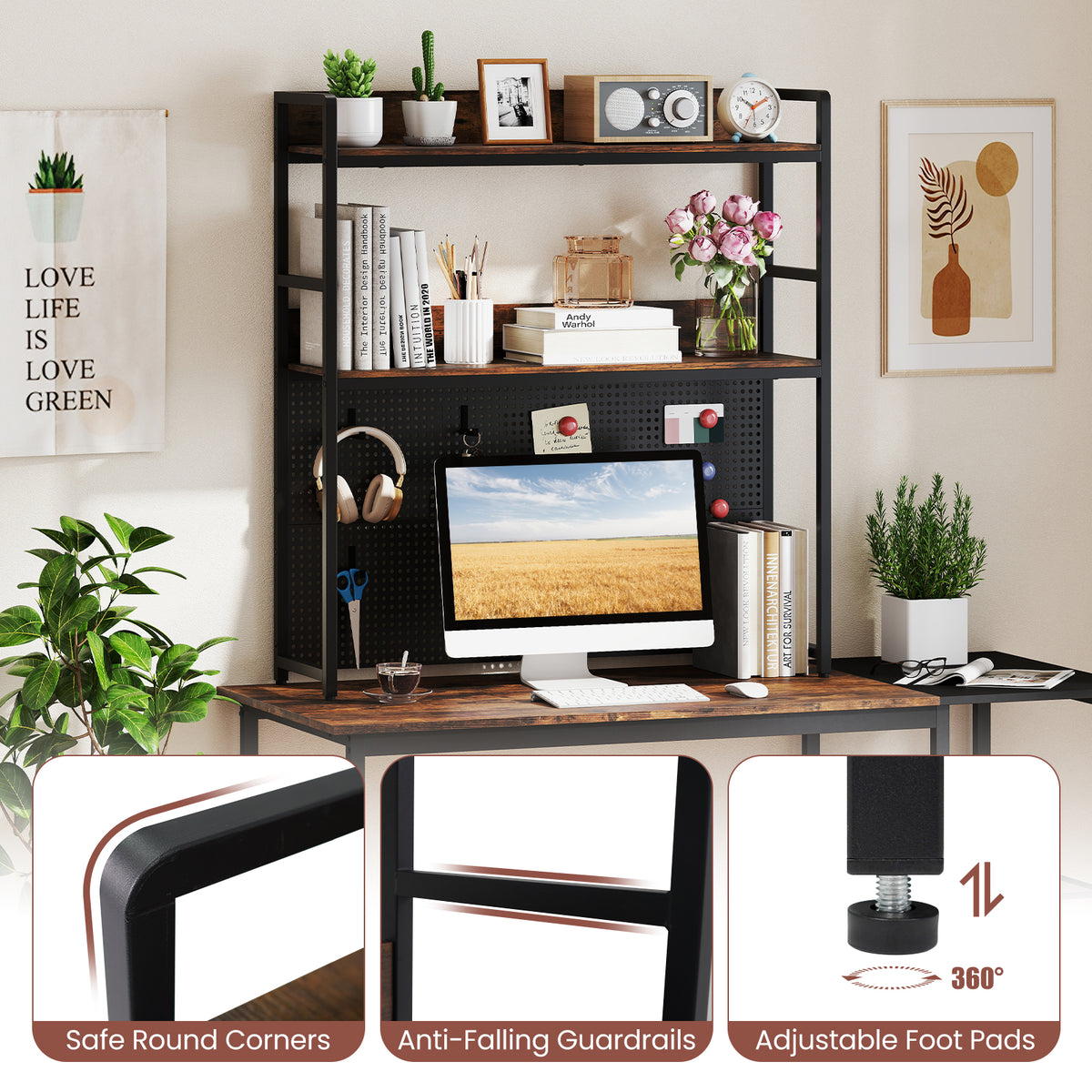 Desktop Bookshelf, Multipurpose 2-Tier Desk Hutch with Pegboard