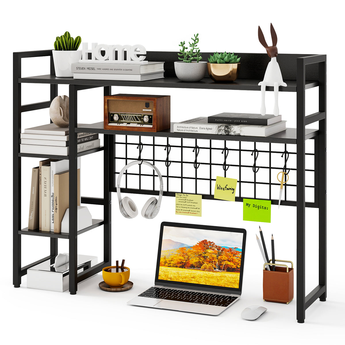 Desk Shelf, 4-Tier Desktop Display Rack with Metal Grid Panel & 6 Hooks