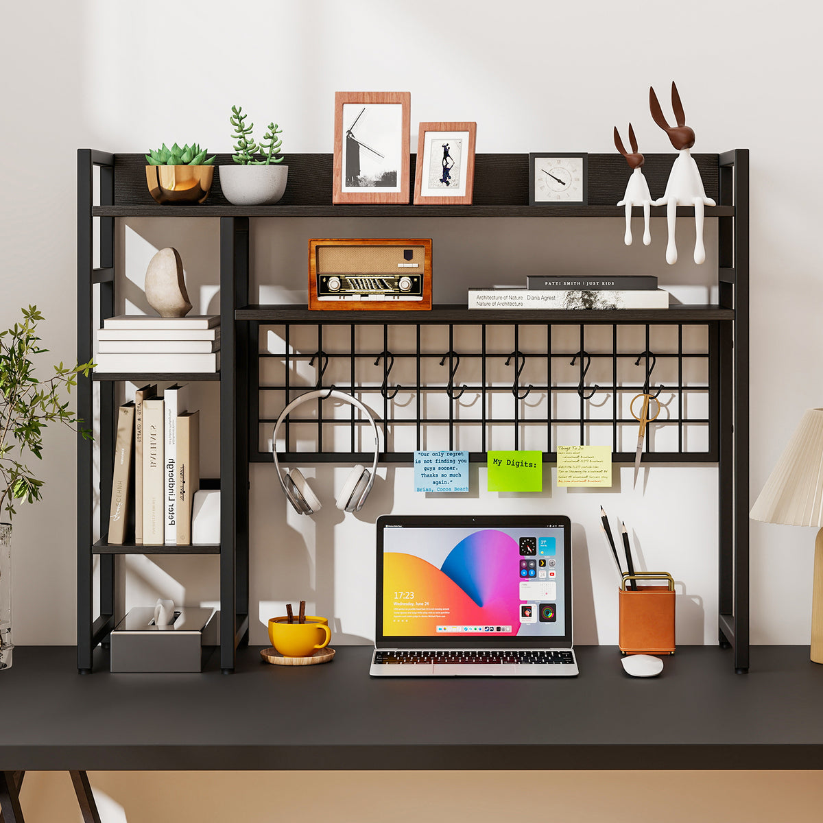 Design Desk Rack Desk Shelf, 4-Tier Desktop Display Rack with Metal Grid Panel & 6 Hook ...