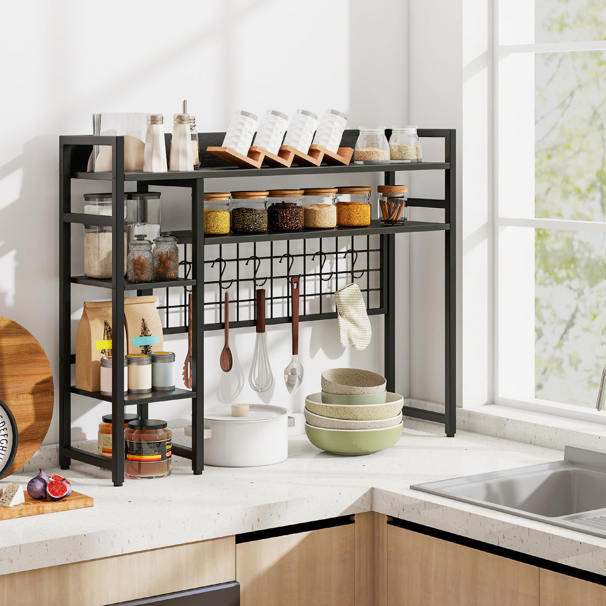 Desk Shelf, 4-Tier Desktop Display Rack with Metal Grid Panel & 6 Hooks