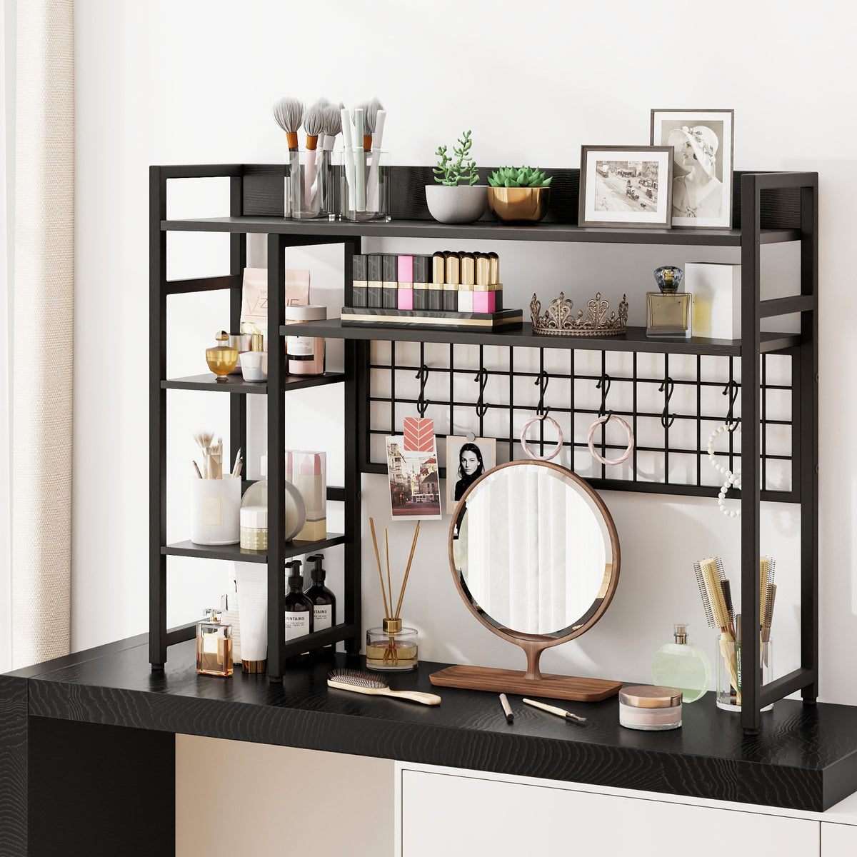 Desk Shelf, 4-Tier Desktop Display Rack with Metal Grid Panel & 6 Hooks