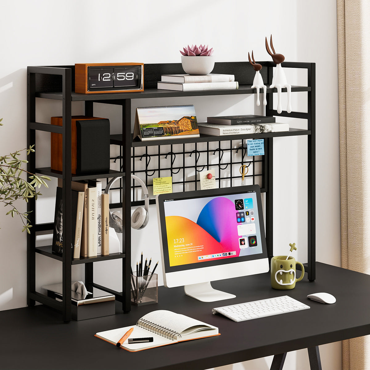 Desk Shelf, 4-Tier Desktop Display Rack with Metal Grid Panel & 6 Hooks