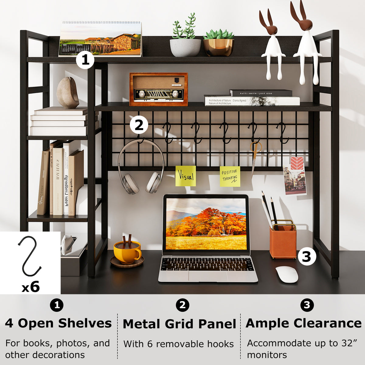 Desk Shelf, 4-Tier Desktop Display Rack with Metal Grid Panel & 6 Hooks