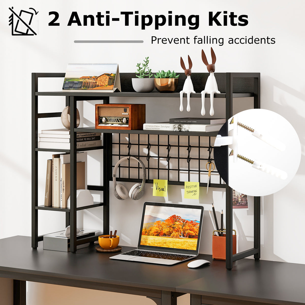 Desk Shelf, 4-Tier Desktop Display Rack with Metal Grid Panel & 6 Hooks