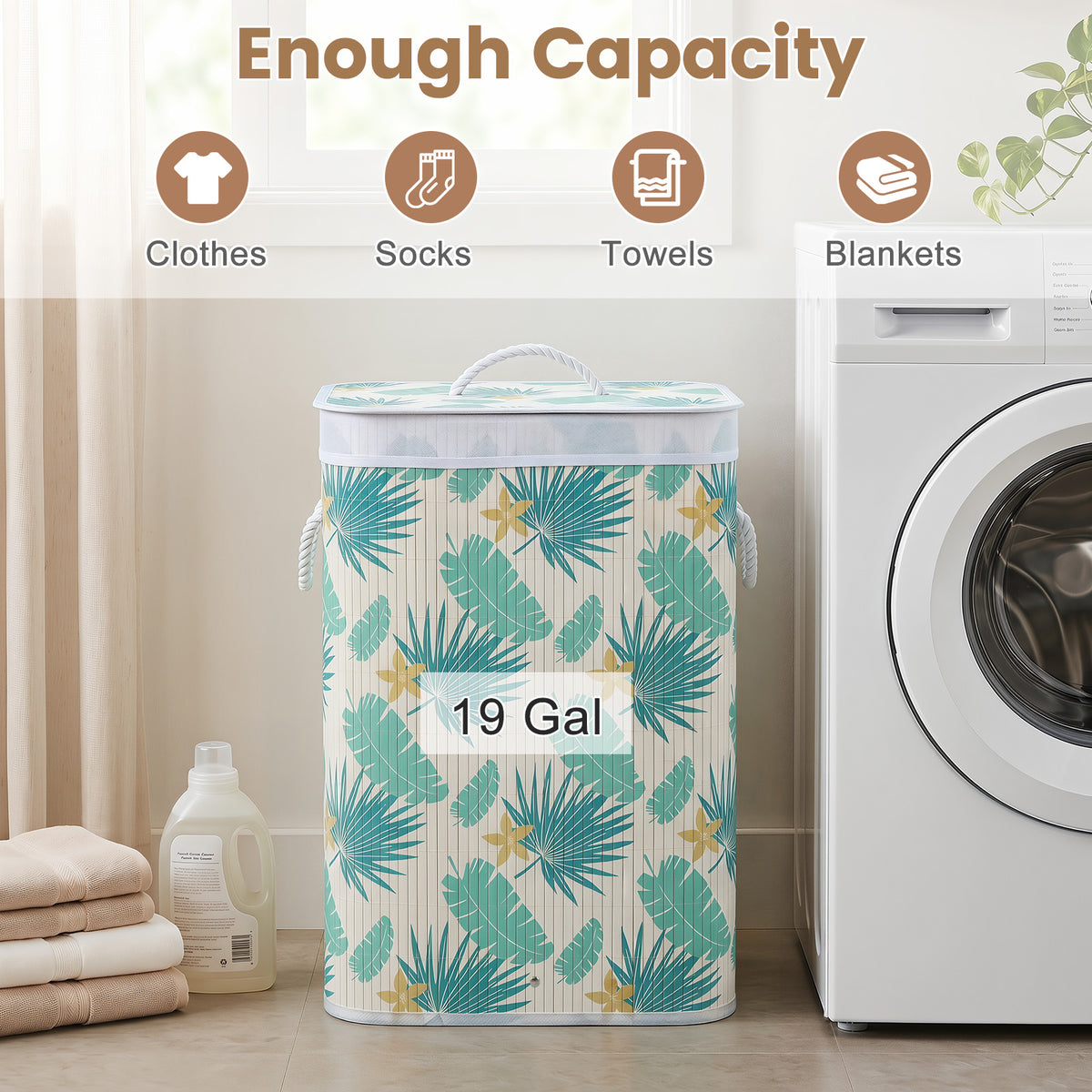 72 L Bamboo Hamper with Lid and Liner for Laundry Room or Bedroom