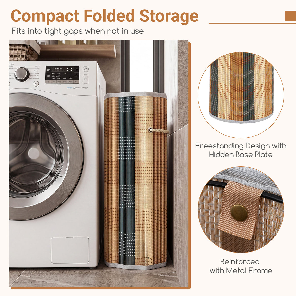 13.2 Gal/50 L Laundry Hamper, Round Bamboo Laundry Basket w/ Lid, 3 Handles, Removable & Machine-Washable Liner