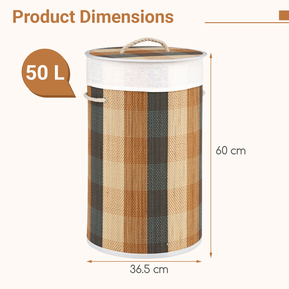 13.2 Gal/50 L Laundry Hamper, Round Bamboo Laundry Basket w/ Lid, 3 Handles, Removable & Machine-Washable Liner