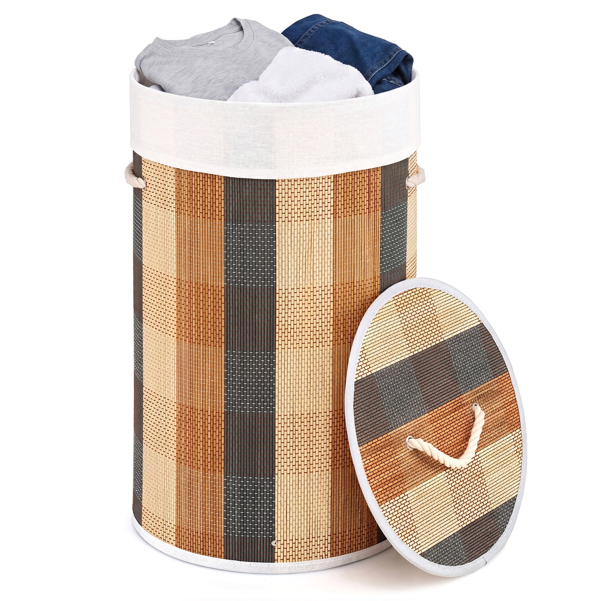 13.2 Gal/50 L Laundry Hamper, Round Bamboo Laundry Basket w/ Lid, 3 Handles, Removable & Machine-Washable Liner