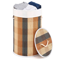 13.2 Gal/50 L Laundry Hamper, Round Bamboo Laundry Basket w/ Lid, 3 Handles, Removable & Machine-Washable Liner