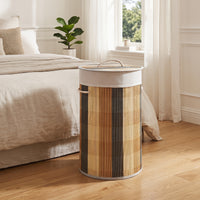 13.2 Gal/50 L Laundry Hamper, Round Bamboo Laundry Basket w/ Lid, 3 Handles, Removable & Machine-Washable Liner