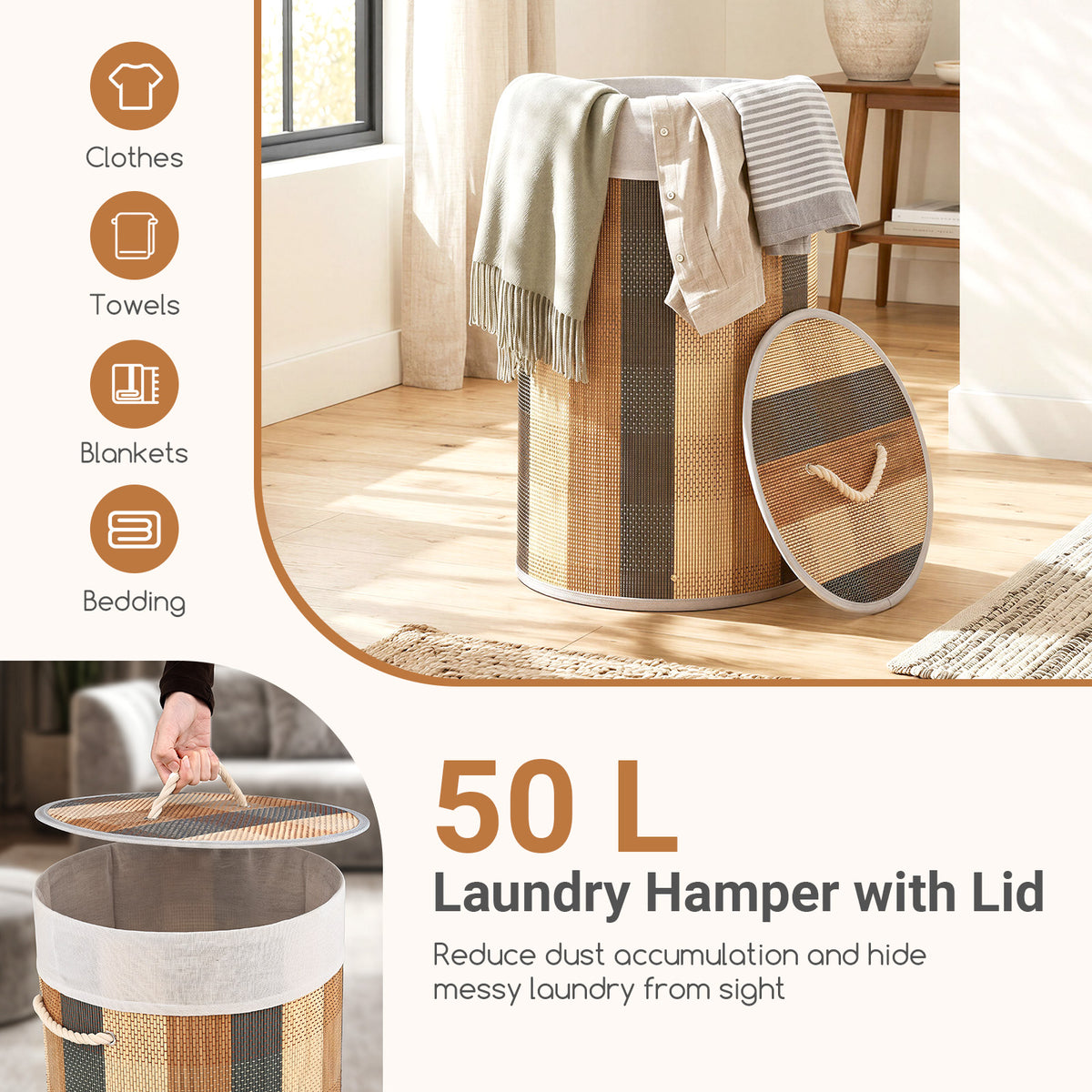 13.2 Gal/50 L Laundry Hamper, Round Bamboo Laundry Basket w/ Lid, 3 Handles, Removable & Machine-Washable Liner
