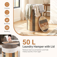 13.2 Gal/50 L Laundry Hamper, Round Bamboo Laundry Basket w/ Lid, 3 Handles, Removable & Machine-Washable Liner