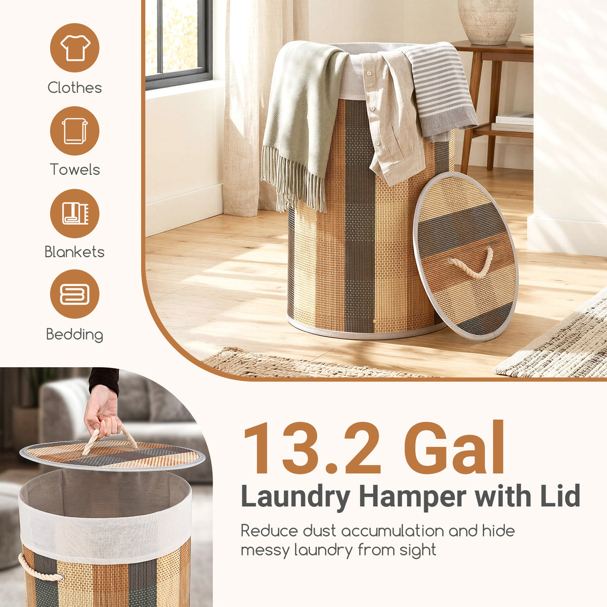 13.2 Gal/50 L Laundry Hamper, Round Bamboo Laundry Basket w/ Lid, 3 Handles, Removable & Machine-Washable Liner
