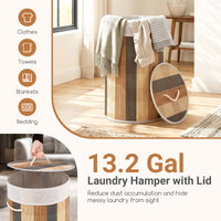 13.2 Gal/50 L Laundry Hamper, Round Bamboo Laundry Basket w/ Lid, 3 Handles, Removable & Machine-Washable Liner