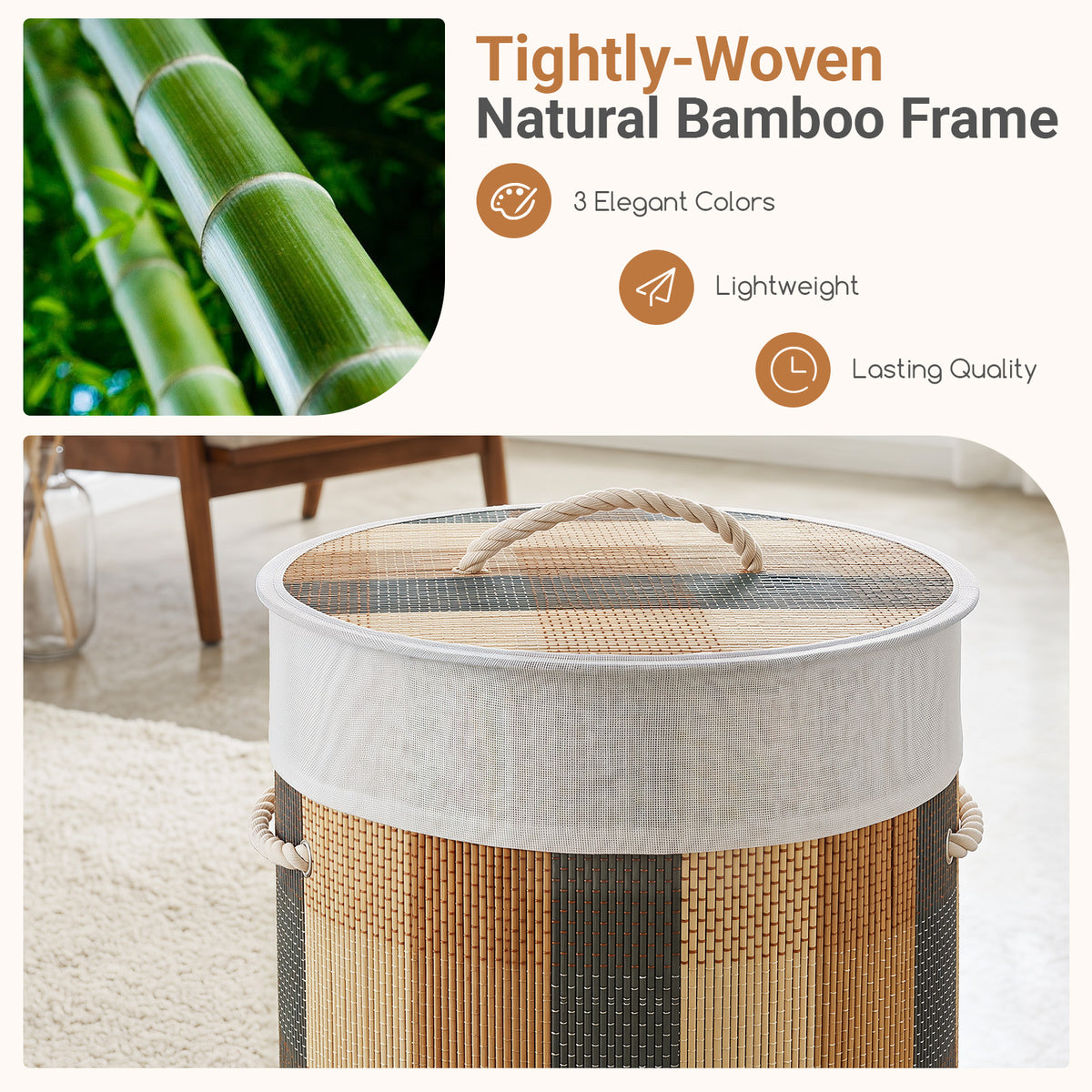 13.2 Gal/50 L Laundry Hamper, Round Bamboo Laundry Basket w/ Lid, 3 Handles, Removable & Machine-Washable Liner