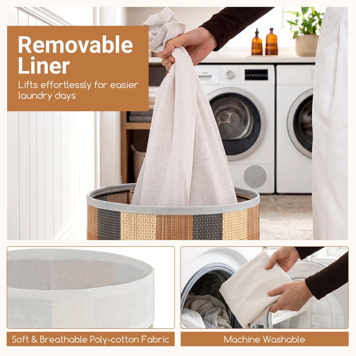 13.2 Gal/50 L Laundry Hamper, Round Bamboo Laundry Basket w/ Lid, 3 Handles, Removable & Machine-Washable Liner
