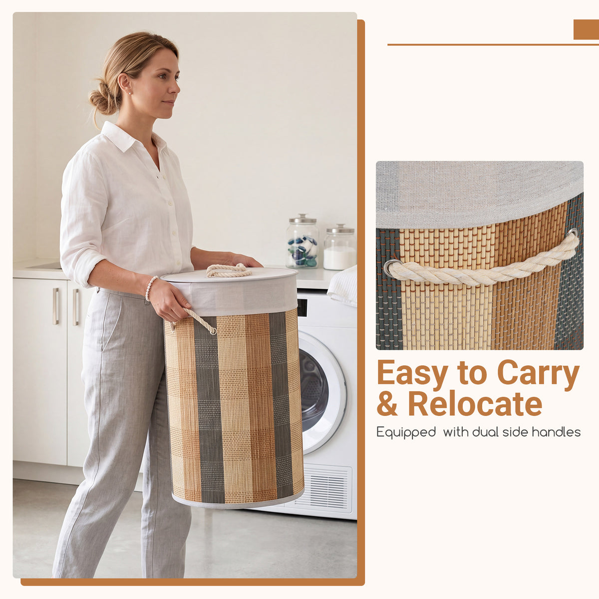 13.2 Gal/50 L Laundry Hamper, Round Bamboo Laundry Basket w/ Lid, 3 Handles, Removable & Machine-Washable Liner
