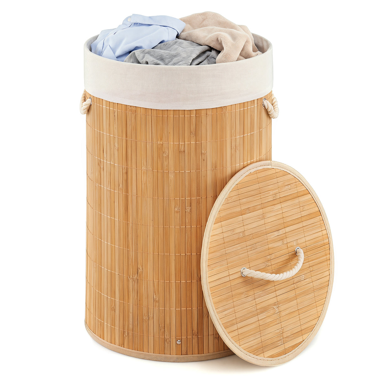 13.2 Gal/50 L Laundry Hamper, Round Bamboo Laundry Basket w/ Lid, 3 Handles, Removable & Machine-Washable Liner