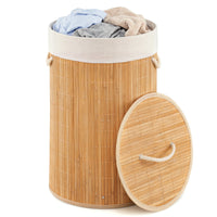 13.2 Gal/50 L Laundry Hamper, Round Bamboo Laundry Basket w/ Lid, 3 Handles, Removable & Machine-Washable Liner