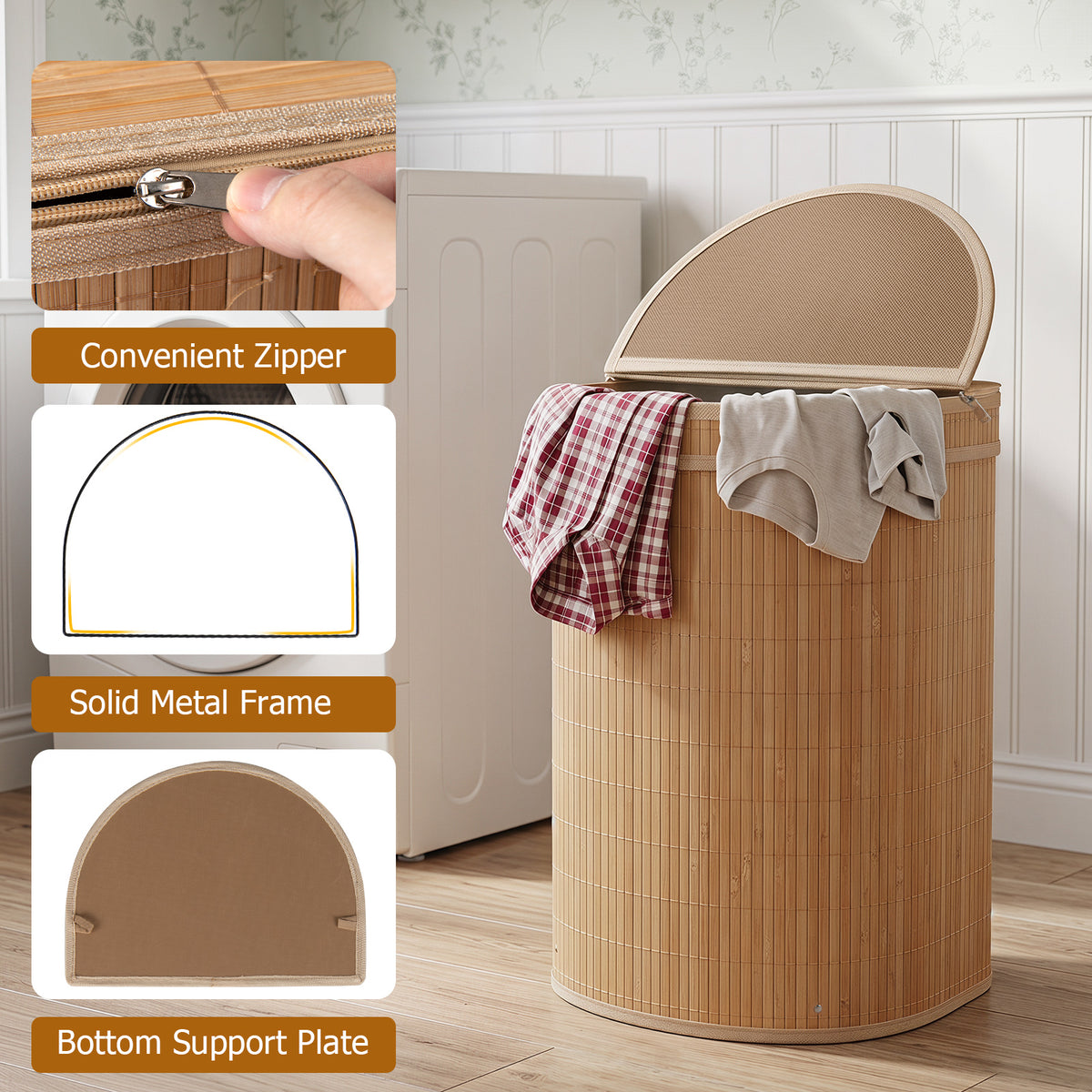 60 L Bamboo Hamper with Zipper Lid and Liner for Laundry Room