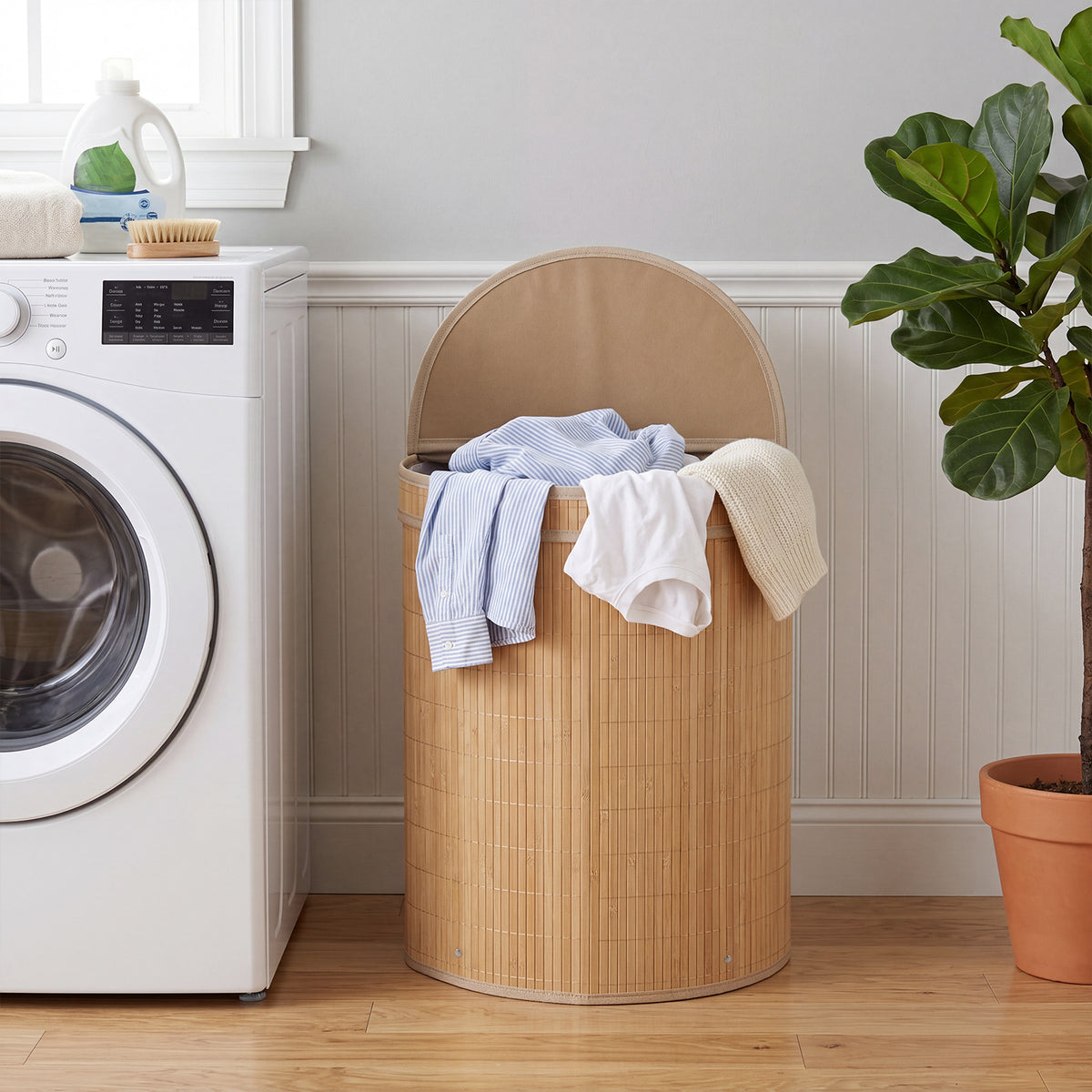 60 L Bamboo Hamper with Zipper Lid and Liner for Laundry Room