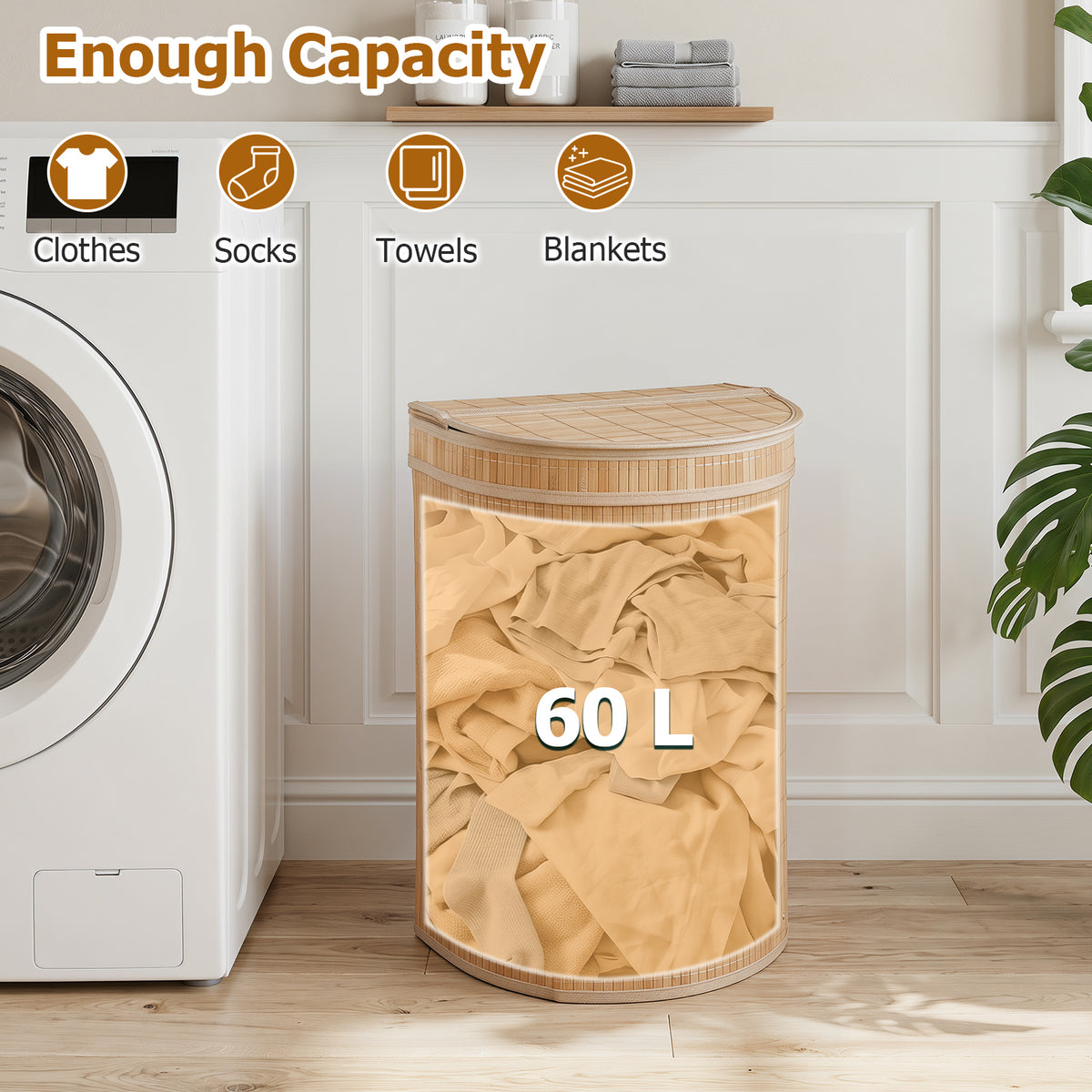 60 L Bamboo Hamper with Zipper Lid and Liner for Laundry Room