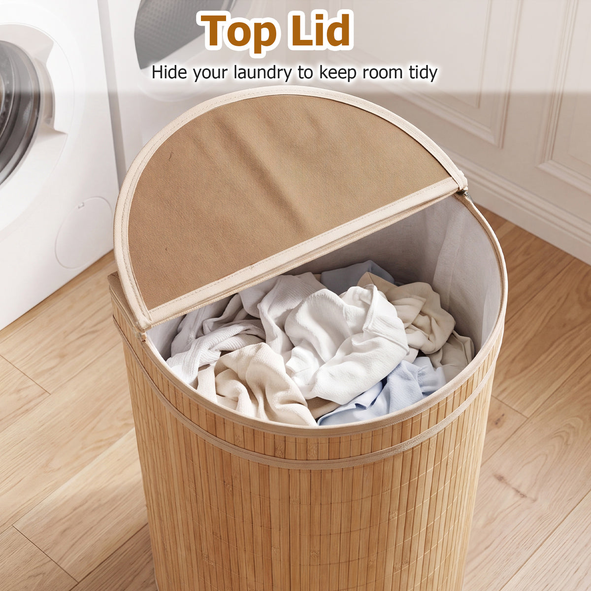 60 L Bamboo Hamper with Zipper Lid and Liner for Laundry Room