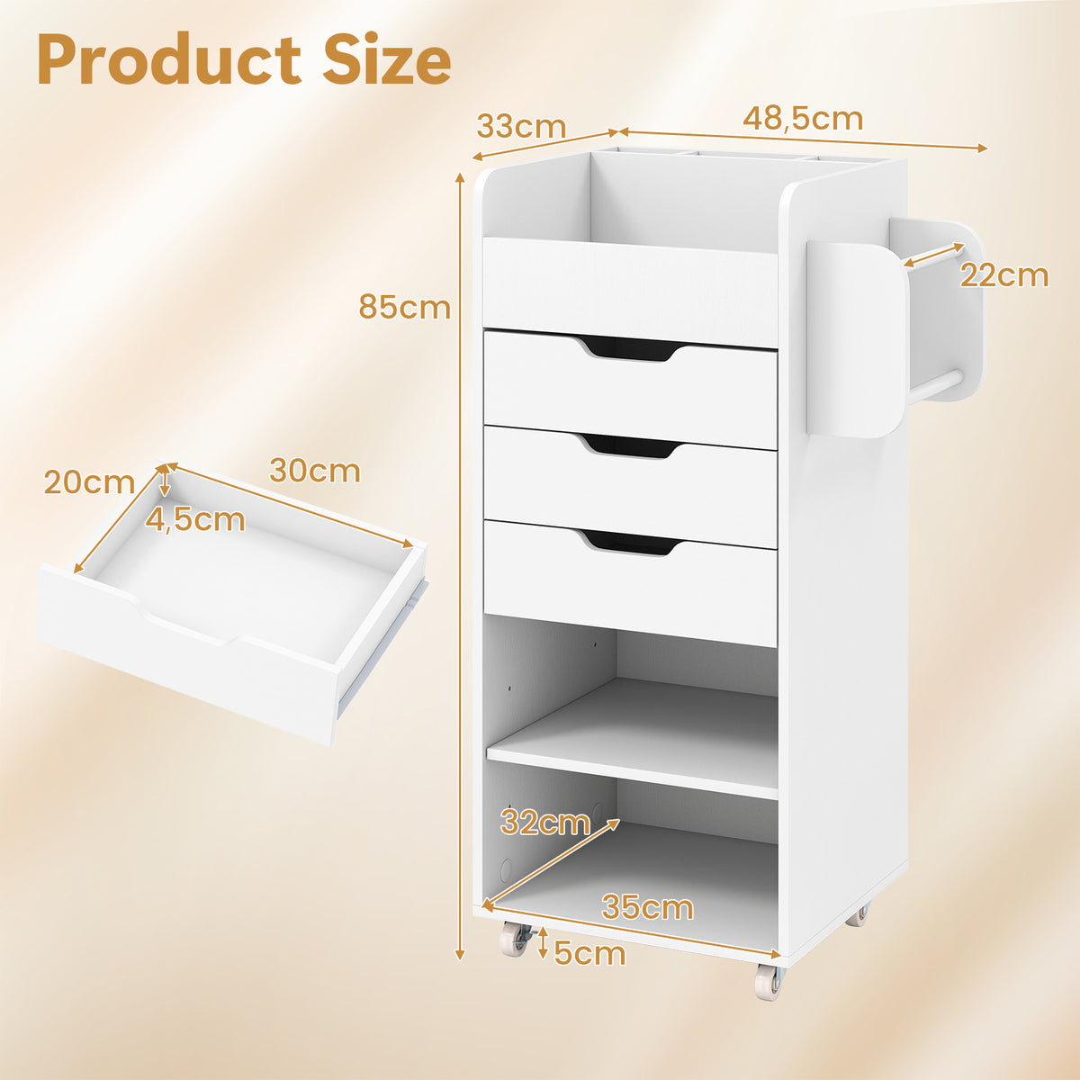Giantex Rolling Craft Storage Cart, Utility Cart w/ 3 Drawers, 3 Shelves, 3 Slots & 2 Dowels, White