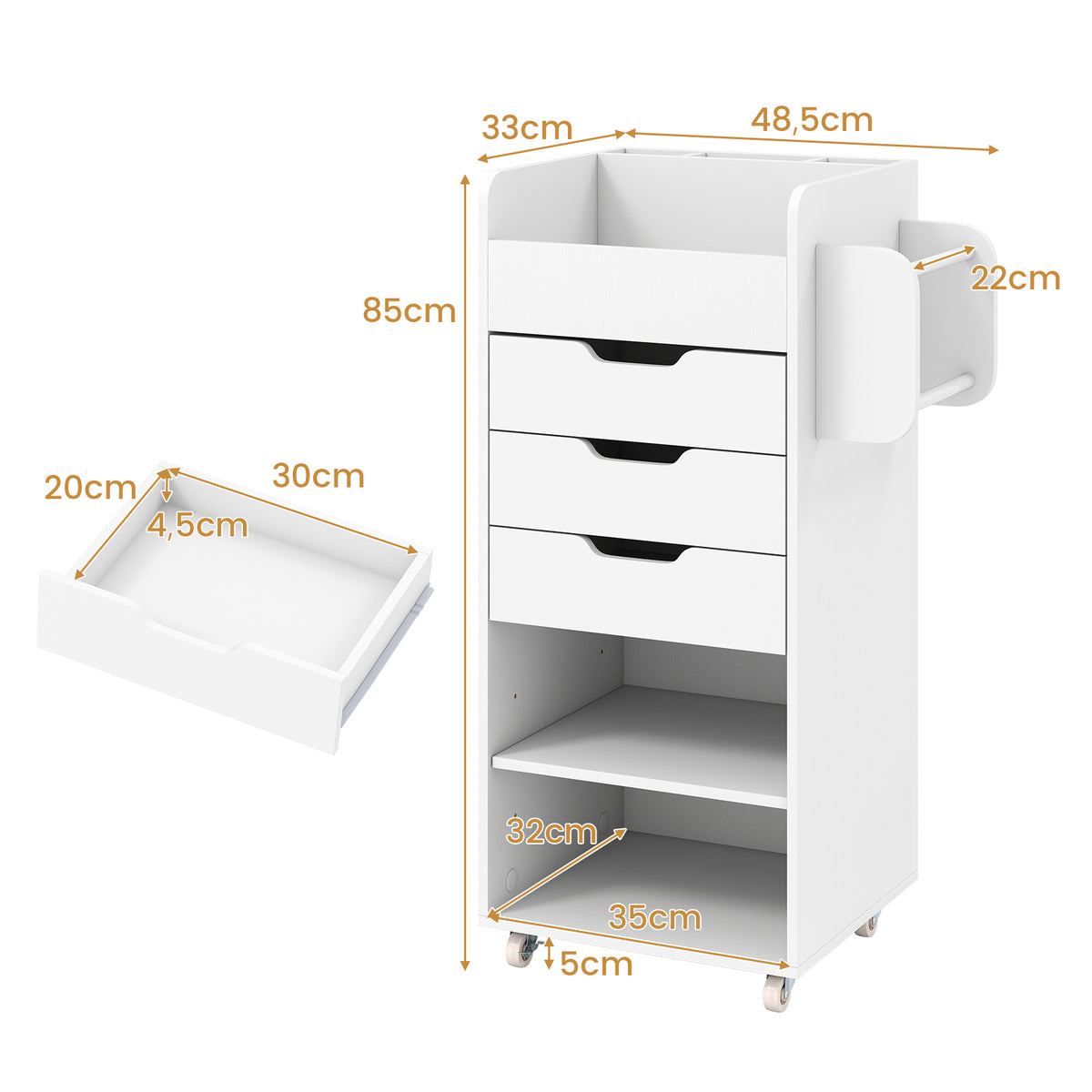 Giantex Rolling Craft Storage Cart, Utility Cart w/ 3 Drawers, 3 Shelves, 3 Slots & 2 Dowels, White