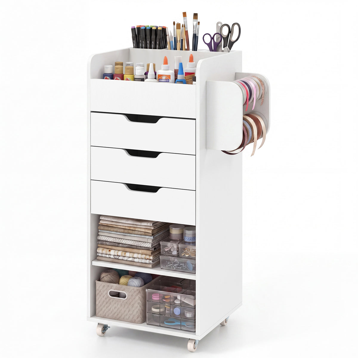 Giantex Rolling Craft Storage Cart, Utility Cart w/ 3 Drawers, 3 Shelves, 3 Slots & 2 Dowels, White