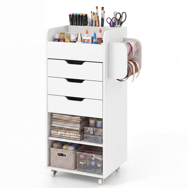 Giantex Rolling Craft Storage Cart, Utility Cart w/ 3 Drawers, 3 Shelves, 3 Slots & 2 Dowels, White