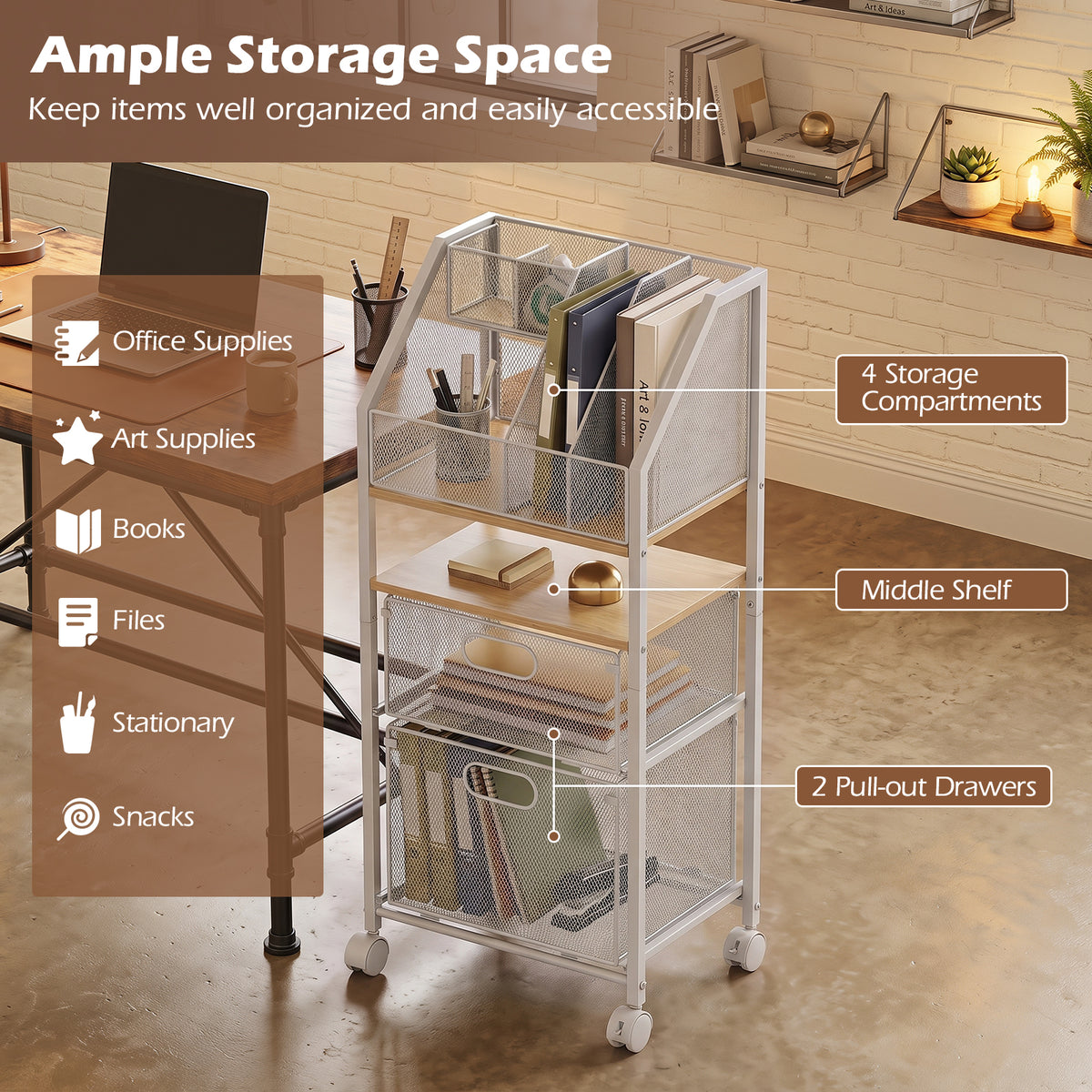 Rolling File Utility Cart with 2 Drawers and Lockable Wheels for Home Office
