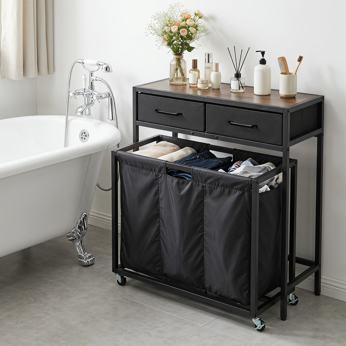 2-in-1 Laundry Basket Organizer with 3 Sections and Wheels
