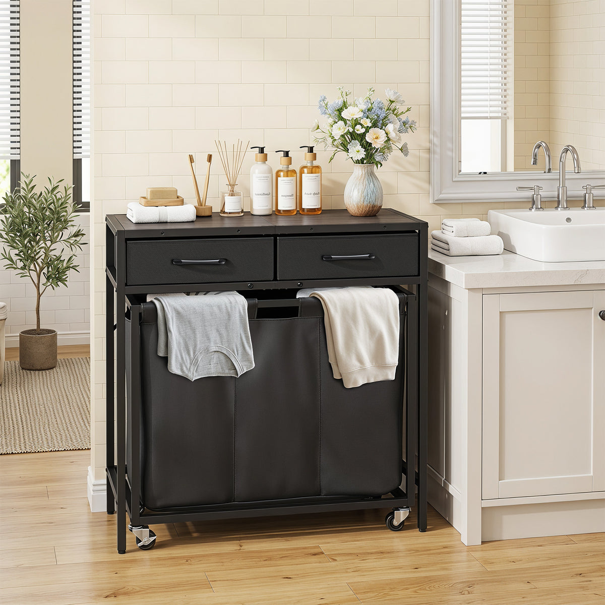 2-in-1 Laundry Basket Organizer with 3 Sections and Wheels