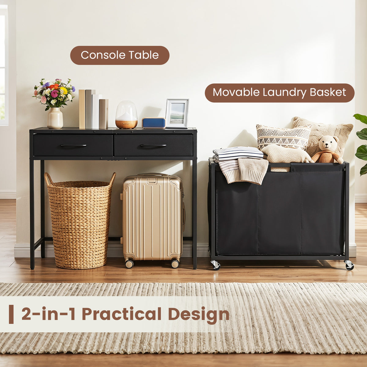 2-in-1 Laundry Basket Organizer with 3 Sections and Wheels