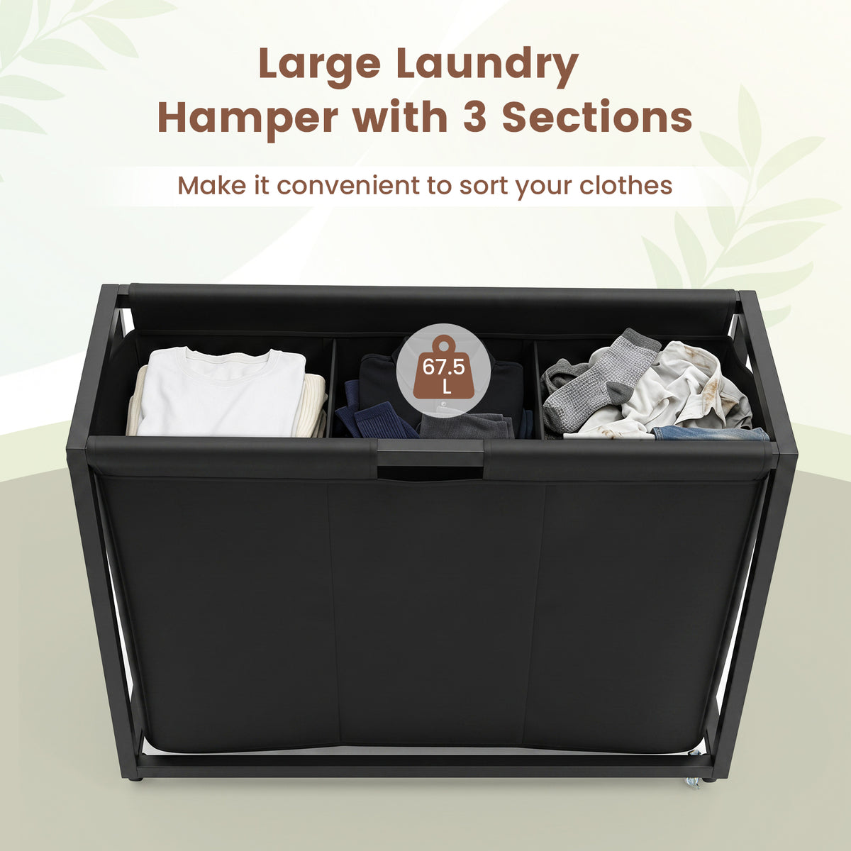 2-in-1 Laundry Basket Organizer with 3 Sections and Wheels