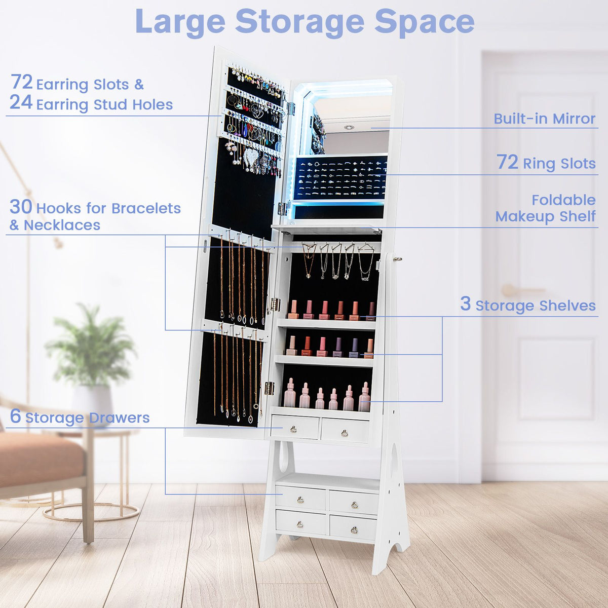 Jewelry Mirror Armoire with Adjustable Tilt Angle and Large Capacity