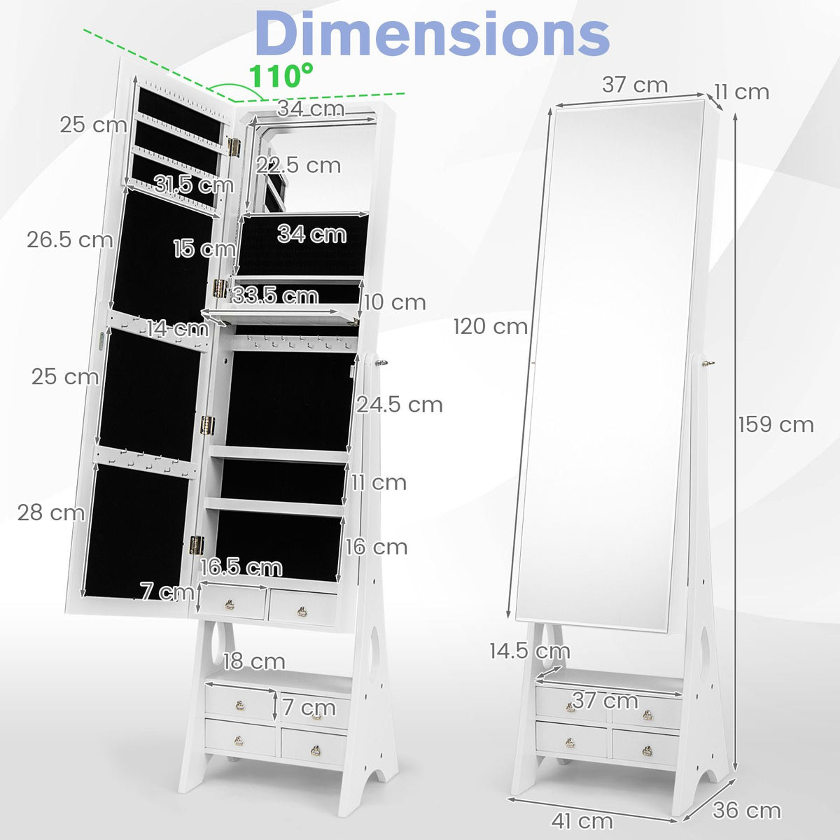 Jewelry Mirror Armoire with Adjustable Tilt Angle and Large Capacity