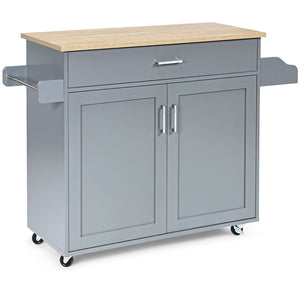 Giantex Wooden Rolling Kitchen Island, Storage Cart Trolley w/ Adjustable Shelf, Spice Storage Sgelf, Towel Rack & Drawer