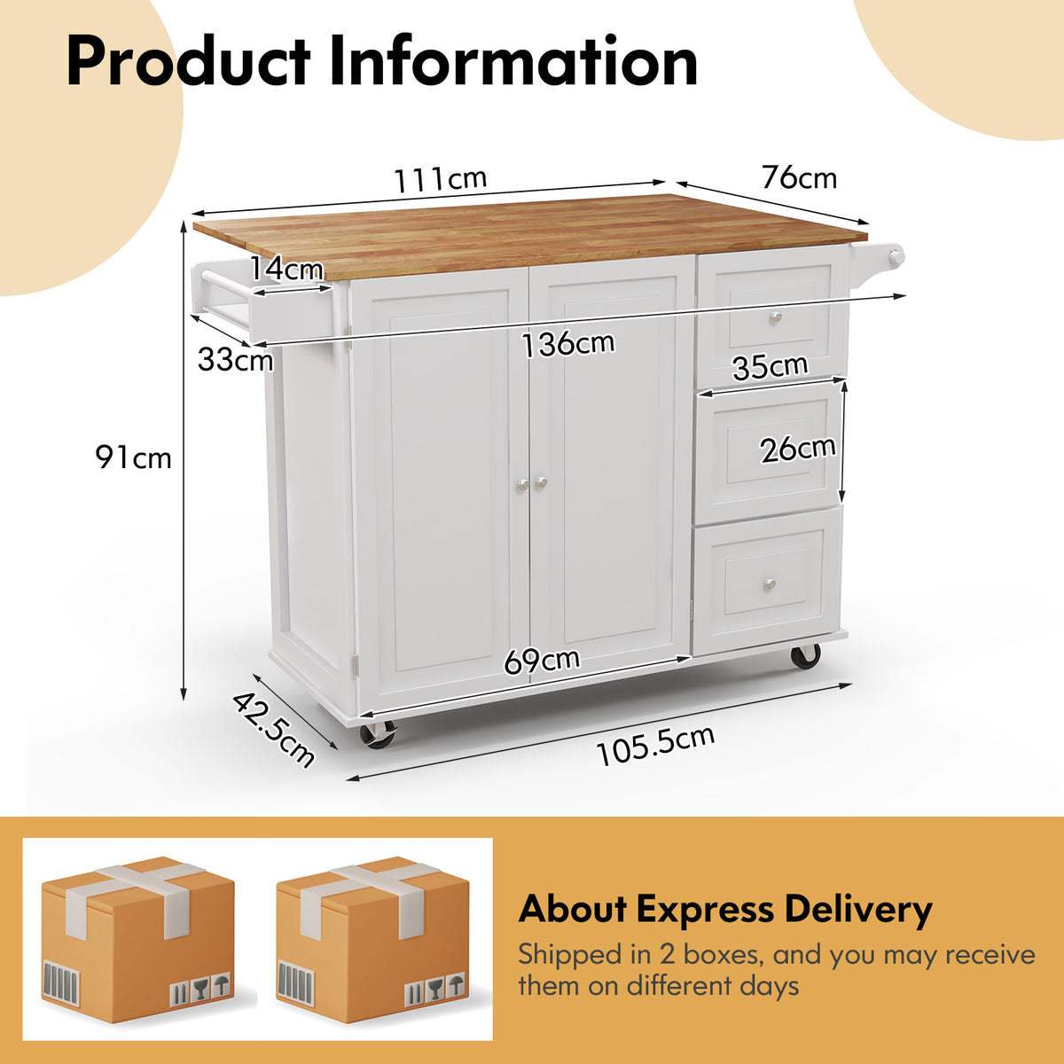 Giantex Kitchen Island Cart, Large Trolley Cart w/ Drop-Leaf Tabletop, Large Cabinet, 3 Drawers, Spice Rack, Towel Rack, Rolling Serving Trolley Cabinet